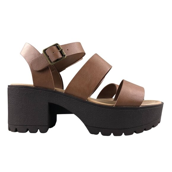 SODA Women's Size 8.5 Account Cognac Brown Open Toe Ankle Strap Platform Sandals - Picture 1 of 15